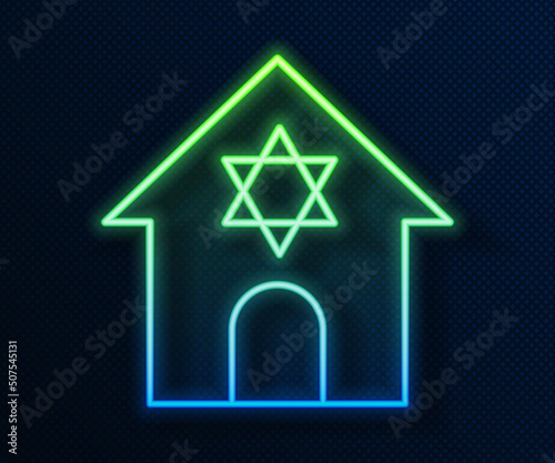 Glowing neon line Jewish synagogue building or jewish temple icon isolated on blue background. Hebrew or judaism construction with David star. Vector