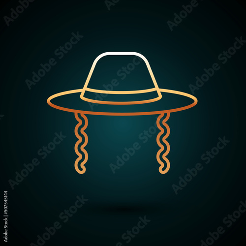 Gold line Orthodox jewish hat with sidelocks icon isolated on dark blue background. Jewish men in the traditional clothing. Judaism symbols. Vector
