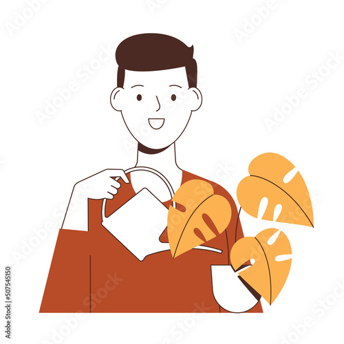 Happy young man watering house plant. Home garden concept vector illustration.