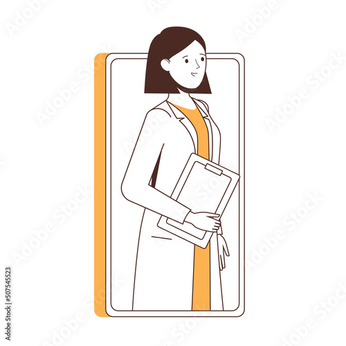 Medical consultation and online doctor flat vector illustration. Female therapist on smartphone.