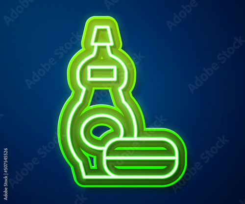 Glowing neon line Dishwashing liquid bottle icon isolated on blue background. Liquid detergent for washing dishes. Vector