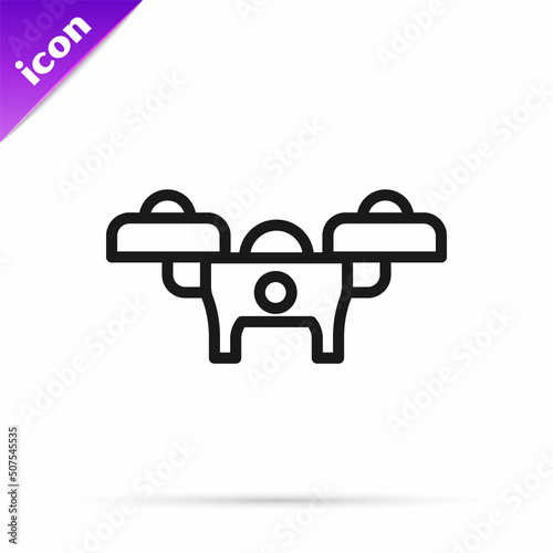Black line Drone flying icon isolated on white background. Quadrocopter with video and photo camera symbol. Vector © Oksana