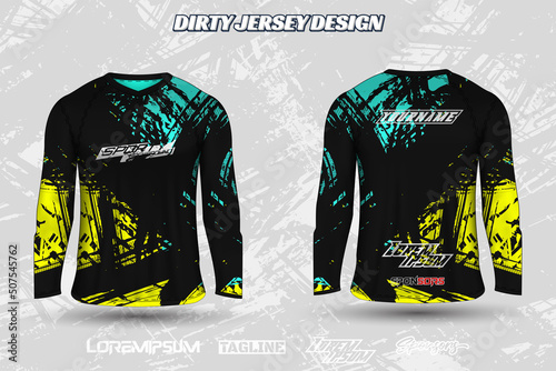 Long sleeve sports racing suit. Front back t-shirt design. Templates for team uniforms. Sports design for football, racing, cycling, gaming jersey. Vector.