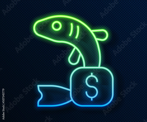 Glowing neon line Price tag for fish icon isolated on blue background. Vector