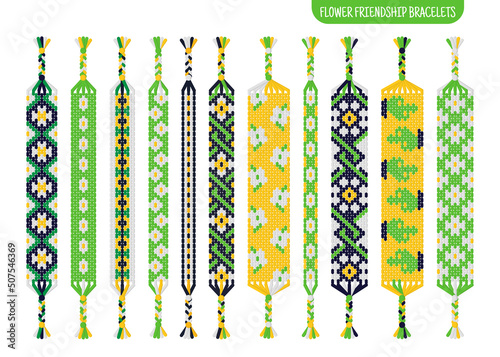 Yellow flower handmade friendship bracelets set of threads or beads. Macrame normal pattern tutorial.