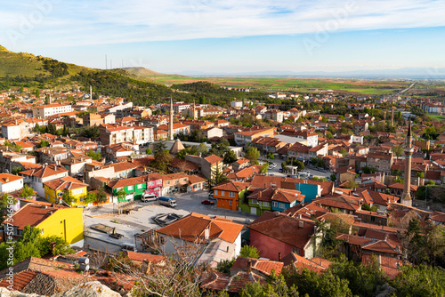 Aerial view of Sivrihisar city with hill in background, Eskisehir, Turkey