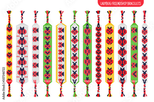 Red ladybug handmade friendship bracelets set of threads or beads. Macrame normal pattern tutorial.