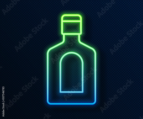 Glowing neon line Bottle of shampoo icon isolated on blue background. Vector
