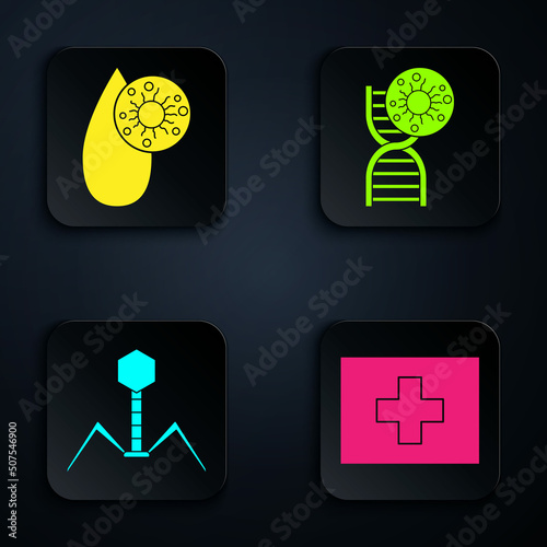 Set First aid kit, Blood test and virus, Bacteria bacteriophage and DNA symbol and virus. Black square button. Vector