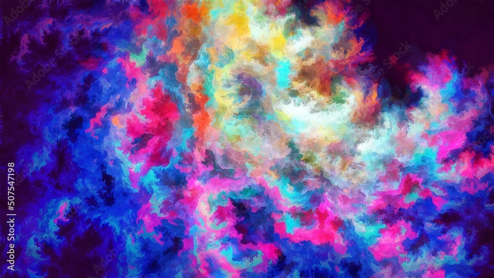 Digital render fractal abstract watercolor-style paint with flowing colors and space, textured paper