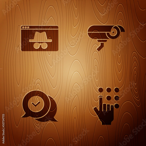 Set Password protection, Browser incognito window, Check mark speech bubble and Security camera on wooden background. Vector