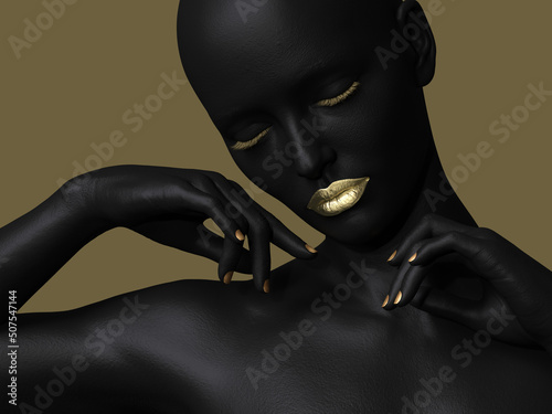 Wall Mural Close-up of a female figure with golden lips and a languid expression