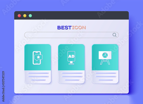 Set Advertising, Mobile with review rating and Board graph chart icon. Vector