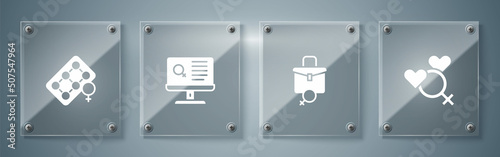 Set Female gender, Work for female, Dating app and Packaging of birth control pills. Square glass panels. Vector