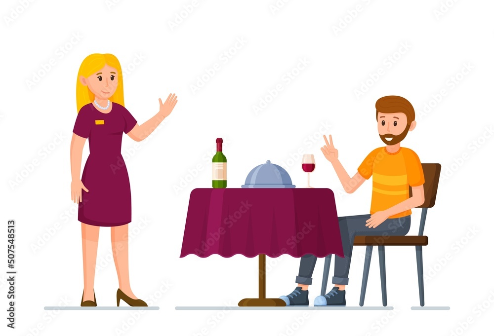 Obraz premium Vector illustration of restaurant people. A waitress takes the order. 