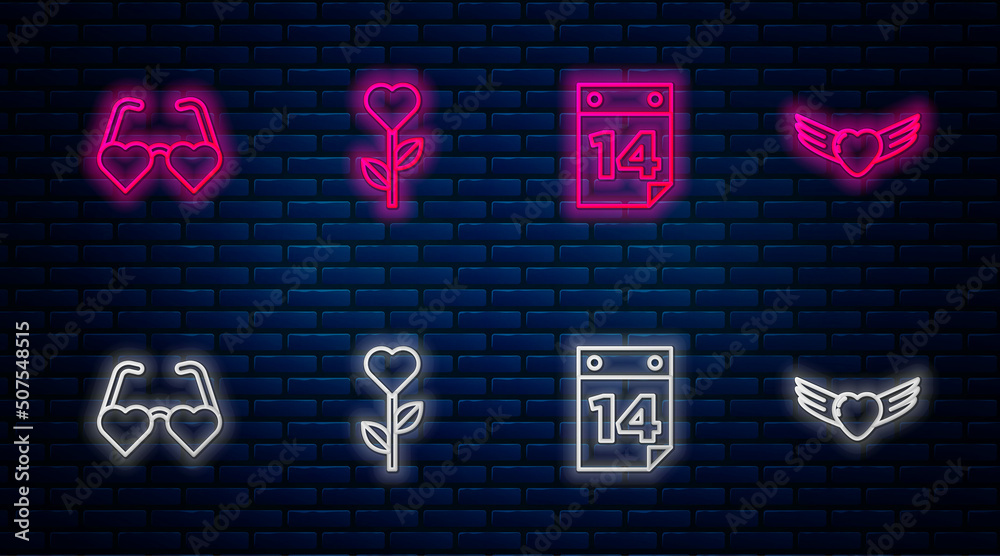 Set line Heart shape in flower, Calendar with February 14, shaped love glasses and wings. Glowing neon icon on brick wall. Vector Set line Heart shape in flower, Calendar with February 14, shaped love glasses and wings. Glowing neon icon on brick wall. Vector