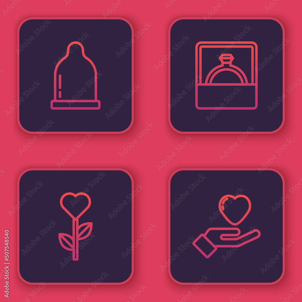 Set line Condom, Heart shape in flower, Diamond engagement ring and hand. Blue square button. Vector Set line Condom, Heart shape in flower, Diamond engagement ring and hand. Blue square button. Vector