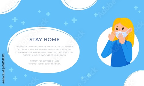 Vector illustration of the concept of stay home. Masked mode. Get the vaccine!