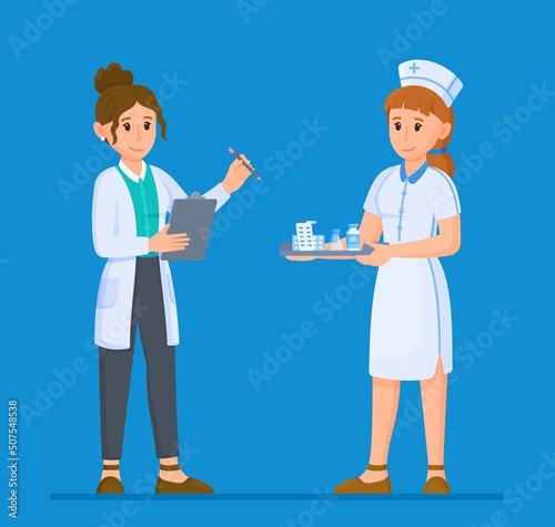 Vector illustration of the therapist and nurse isolated on a blue background. Doctor's appointment. 