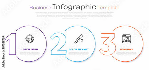 Set line Headshot, Bloody knife and Internet piracy. Business infographic template. Vector