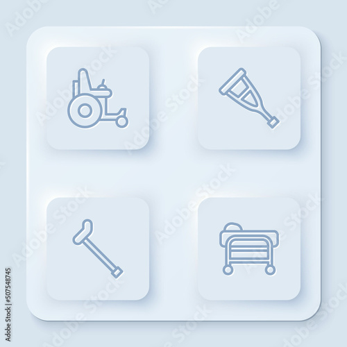 Set line Electric wheelchair, Crutch or crutches, Walking stick cane and Stretcher. White square button. Vector