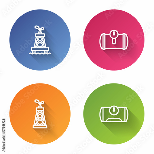 Set line Oil rig, Gas tank for vehicle, and . Color circle button. Vector