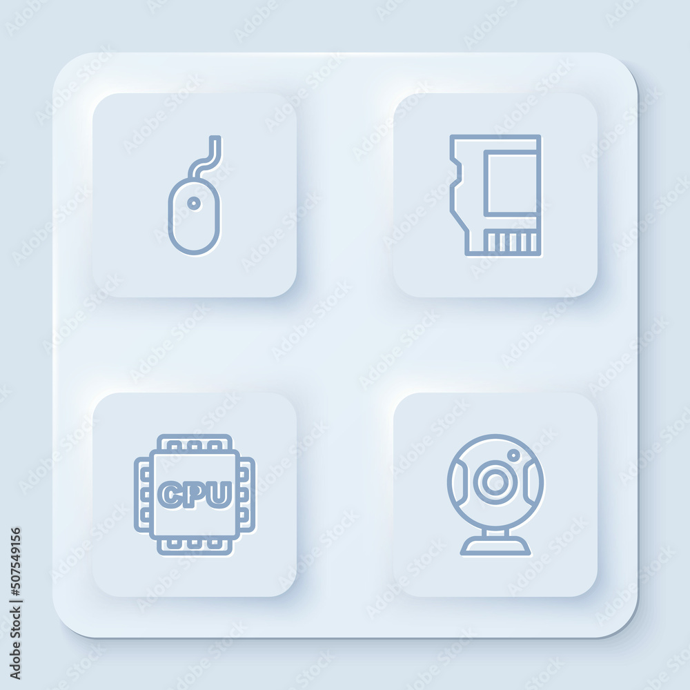 Set line Computer mouse, SD card, Processor with CPU and Web camera. White square button. Vector