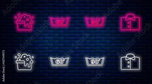 Set line Temperature wash, , Basin with soap suds and T-shirt. Glowing neon icon on brick wall. Vector