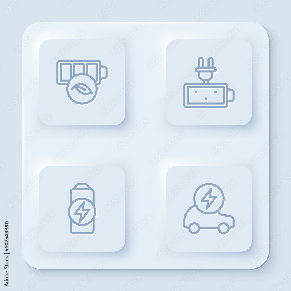 Set line Eco nature leaf battery, Battery charge, and Electric car. White square button. Vector Set line Eco nature leaf battery, Battery charge, and Electric car. White square button. Vector