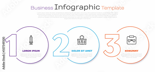 Set line Syringe, Hospital building and X-ray shots with broken bone. Business infographic template. Vector