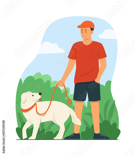 Man and Dog Strolling in Park.