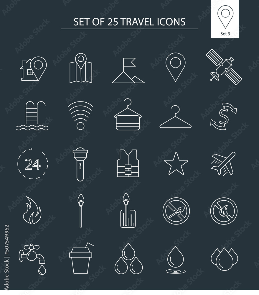 Travel - thin line vector icon set 3 isolated on gray Travel - thin line vector icon set 3 isolated on gray
