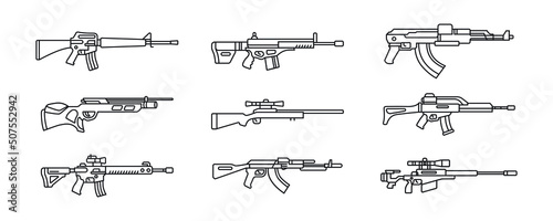 a collection of long barrel firearms illustrations. set of military gun in vector design