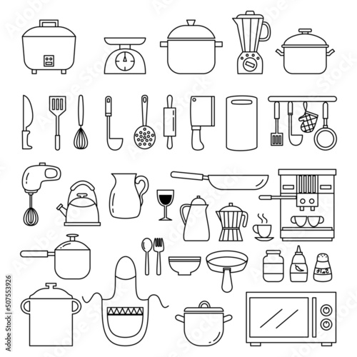 set of kitchenware utensils outline. photo