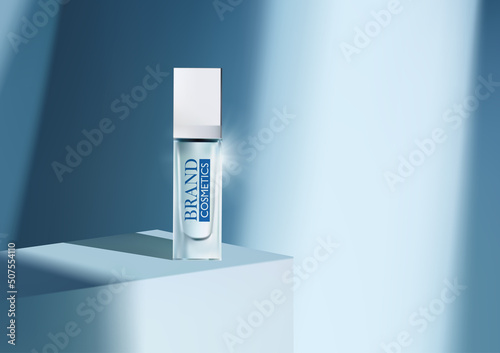 Luxury product cosmetic on stage with white podium in blue background . product presentation, mock up, show cosmetic product display