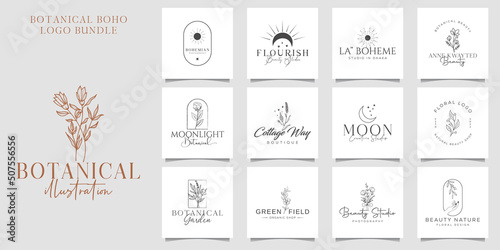 Botanical Floral element Hand Drawn Logo with Wild Flower and Leaves. Logo for spa and beauty salon, boutique, organic shop, wedding, floral designer, interior, photography, cosmetic.