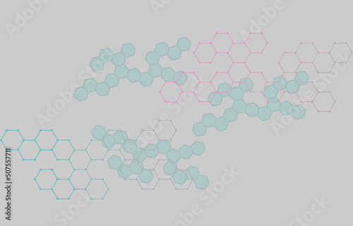 Abstract science background with hexagons connected with dots. Science and technology concert with molecular structure. 