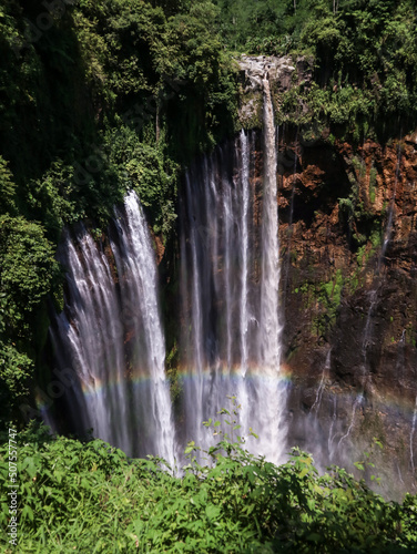 waterfall in the middle of the forest and rainbow. Lumajang  Indonesia.