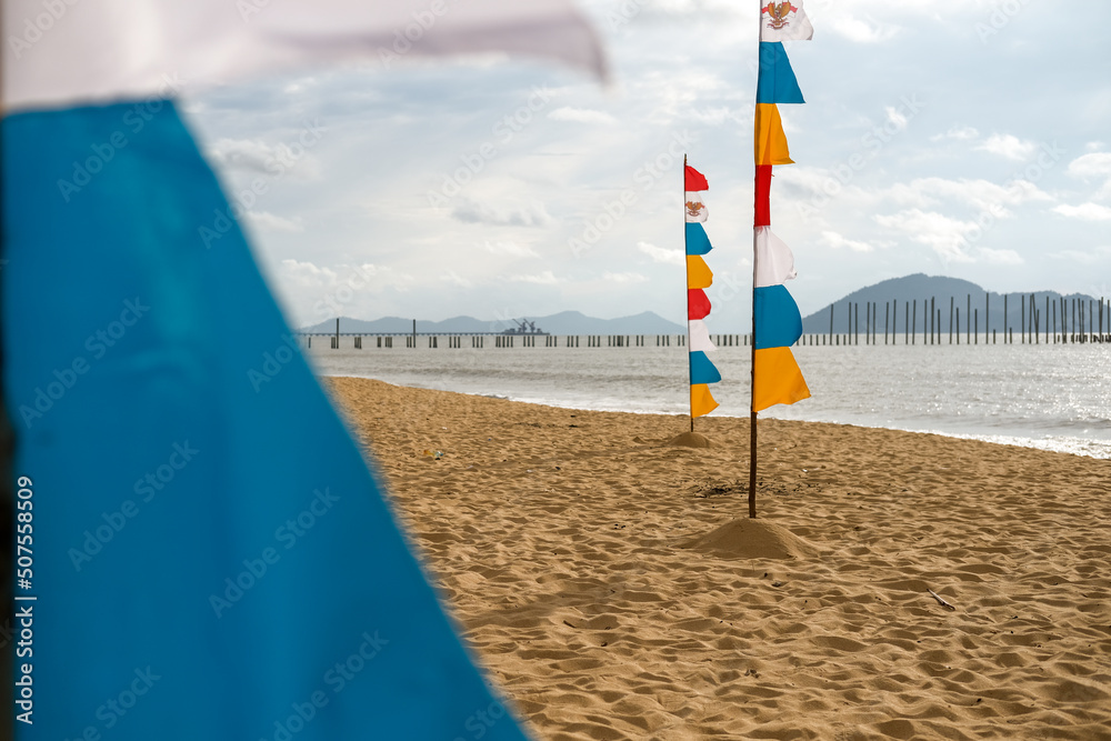 flags flying on the beach