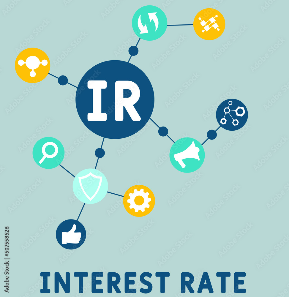 IR - Interest Rate acronym. business concept background. vector illustration concept with keywords and icons. lettering illustration with icons for web banner, flyer, landing pag IR - Interest Rate acronym. business concept background. vector illustration concept with keywords and icons. lettering illustration with icons for web banner, flyer, landing pag