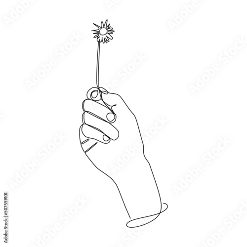 continuous line drawing of hand holding dandelion seeds. Hand drawn style design for relationship and love concept.