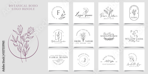 Botanical Floral element Hand Drawn Logo with Wild Flower and Leaves. Logo for spa and beauty salon, boutique, organic shop, wedding, floral designer, interior, photography, cosmetic.