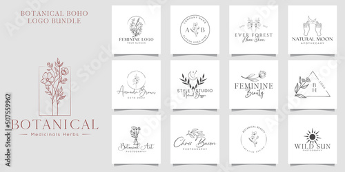 Botanical Floral element Hand Drawn Logo with Wild Flower and Leaves. Logo for spa and beauty salon, boutique, organic shop, wedding, floral designer, interior, photography, cosmetic.