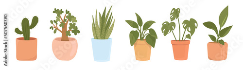 Trendy home decor with plants, rubber plant, sansevieria, dracaena, cactus, monstera, spathiphyllum. Tropical leaves in stylish planters and pots. Houseplants isolated. Vector illustration.