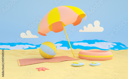 Summer illustration, sandy beach with sea and waves, blue sky with clouds, beach umbrella and ball for playing, sandals and towel. Bright cartoon illustration in 3D, for app, websites. 3D rendering