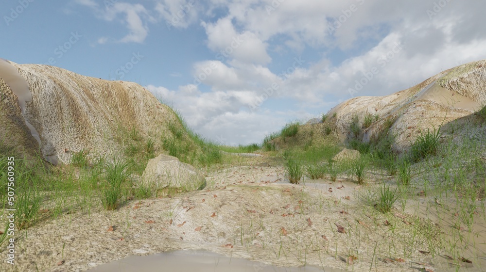 3d render green grass and rocky landscape scene nature wallpaper backgrounds 3d render green grass and rocky landscape scene nature wallpaper backgrounds