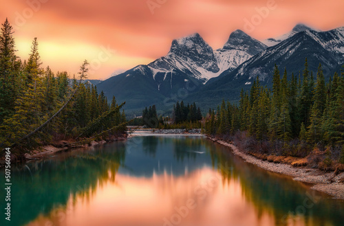 Orange Sunrise Over The Three Sisters Mountains © Lisa