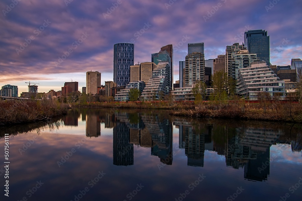Calgary Downtown Skyline Reflecting At Sunrise