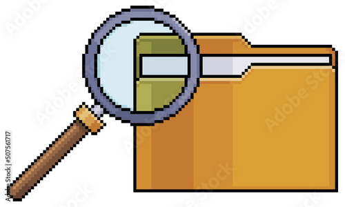 Pixel art magnifying glass analyzing document folder vector icon for 8bit game on white background
