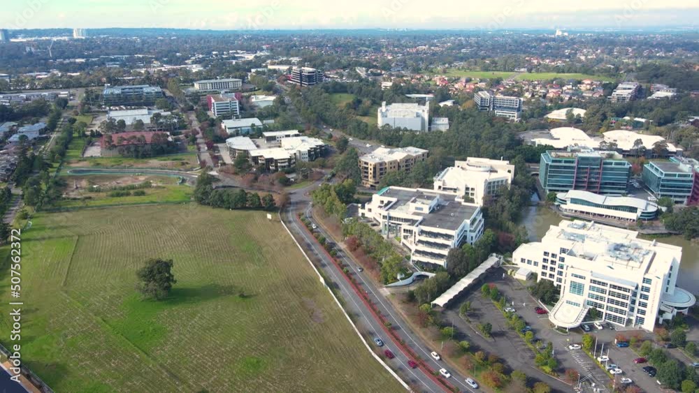 Aerial drone view of Norwest Business Park in the suburbs of Norwest and Bella Vista in the Hills Shire, North West Sydney, New South Wales, Australia Aerial drone view of Norwest Business Park in the suburbs of Norwest and Bella Vista in the Hills Shire, North West Sydney, New South Wales, Australia